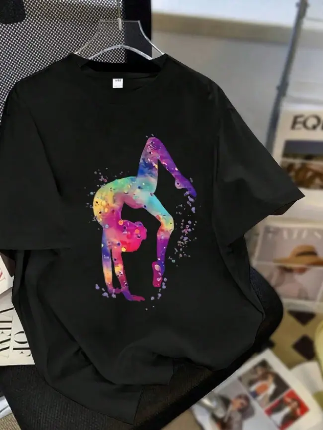Women's 100% Cotton Short-Sleeve Graphic Tee - Sporty Casual Style, Black Piece, Watercolor Rainbow Gymnast Handstand Silhouette, Inspirational for Rhythmic Gymnastics Athletes, Feminine Vibe, Adhesive Print Summer Top