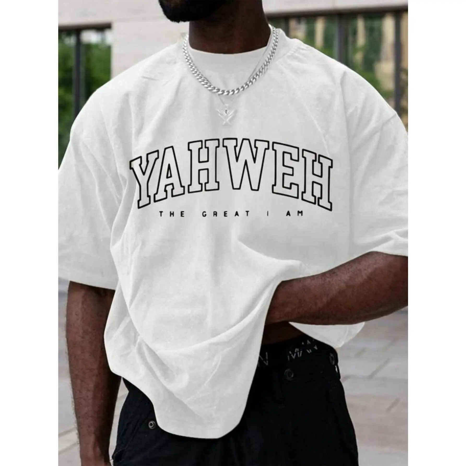 Men's Round Neck Tshirt with 'Yahweh-The Great I Am' Christian Artwork, A Casual Short-Sleeve Spiritual Tribute for Faith-Based Fashion, Graphic Print, Cotton