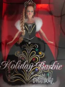 Bob Mackie 2006 Holiday Barbie Doll - New Collectible Toy with Black Gown Gold Star Designs & White Fur Collar