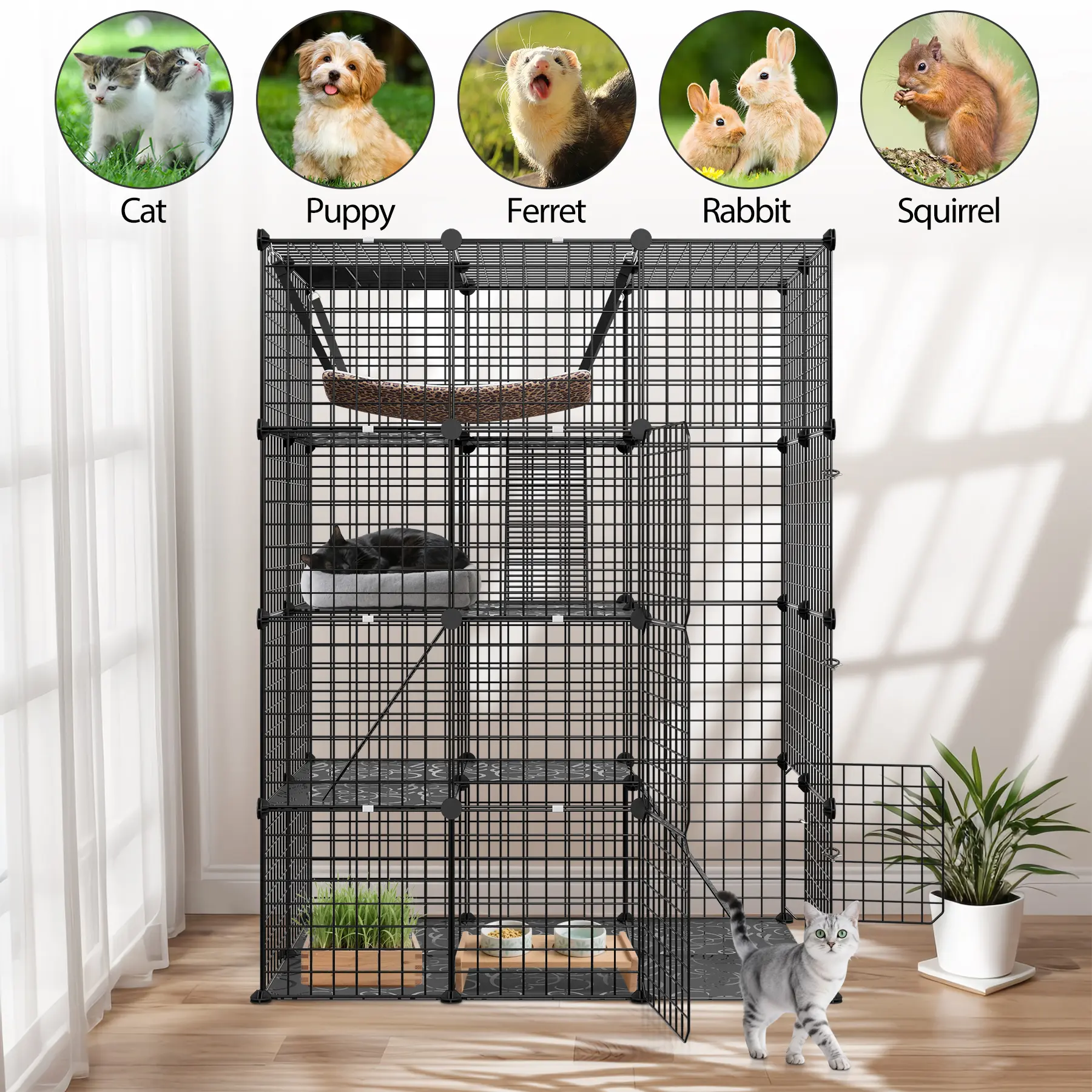 Pet Republic 4-Tier Wire Metal Kennel DIY Kit - Left/Right Doors, Indoor Enclosed Playpen, Hammock, Skylight Top, Portable Foldable for Cats