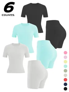 6-Piece Women's Spring Summer Sports Fitness Slim Fit Comfortable Short Pants Short Sleeve Set, Casual Above Knee Mid Waist Clothing, Sport Casual Outfit