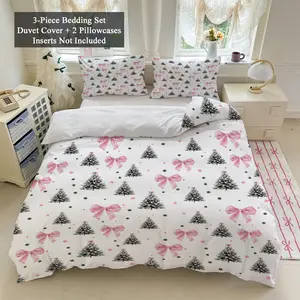 Christmas Tree and Pink Bow Duvet Cover Set, 3 Piece Cute Holiday Bedding Set, Gift for Girls, Bedroom Décor, Soft Bedding