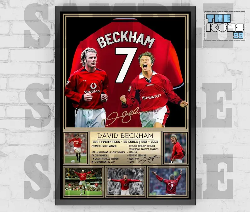 Man United Legend David Beckham Football Shirt Back Print  Poster Memorabilia  Collectible  Signed