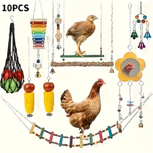 A set of 10 chicken toys including chains, mirrors, bells, fruit feeders, hammocks, and feeding nets in various colors suitable for bird dental health.