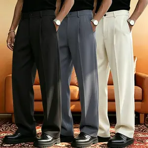 Men’s casual dress trousers — drapey, loose straight-leg pants; pleated business long trousers