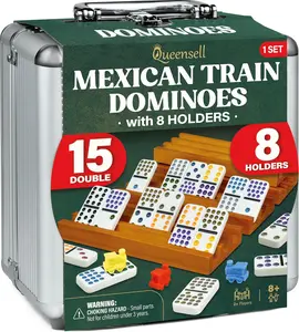Queensell Mexican Train Domino Game Set with 8 Wooden Holders 136 Double-15 Tiles Strategic Family Board Games Portable Aluminum Case