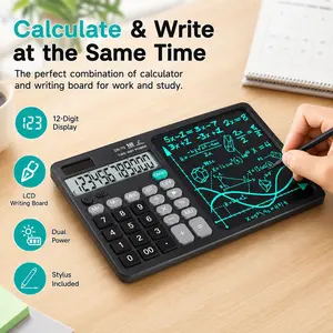 Desk Calculator with Erasable Writing Pad, 12-Digit Wide Screen Display, Reusable LCD Notepad, One-Click Clear & Lock Function, Integrated Pull-Out Stylus, Lightweight Silents, Solar and Battery Dual Power for Office,School,Business (Black)