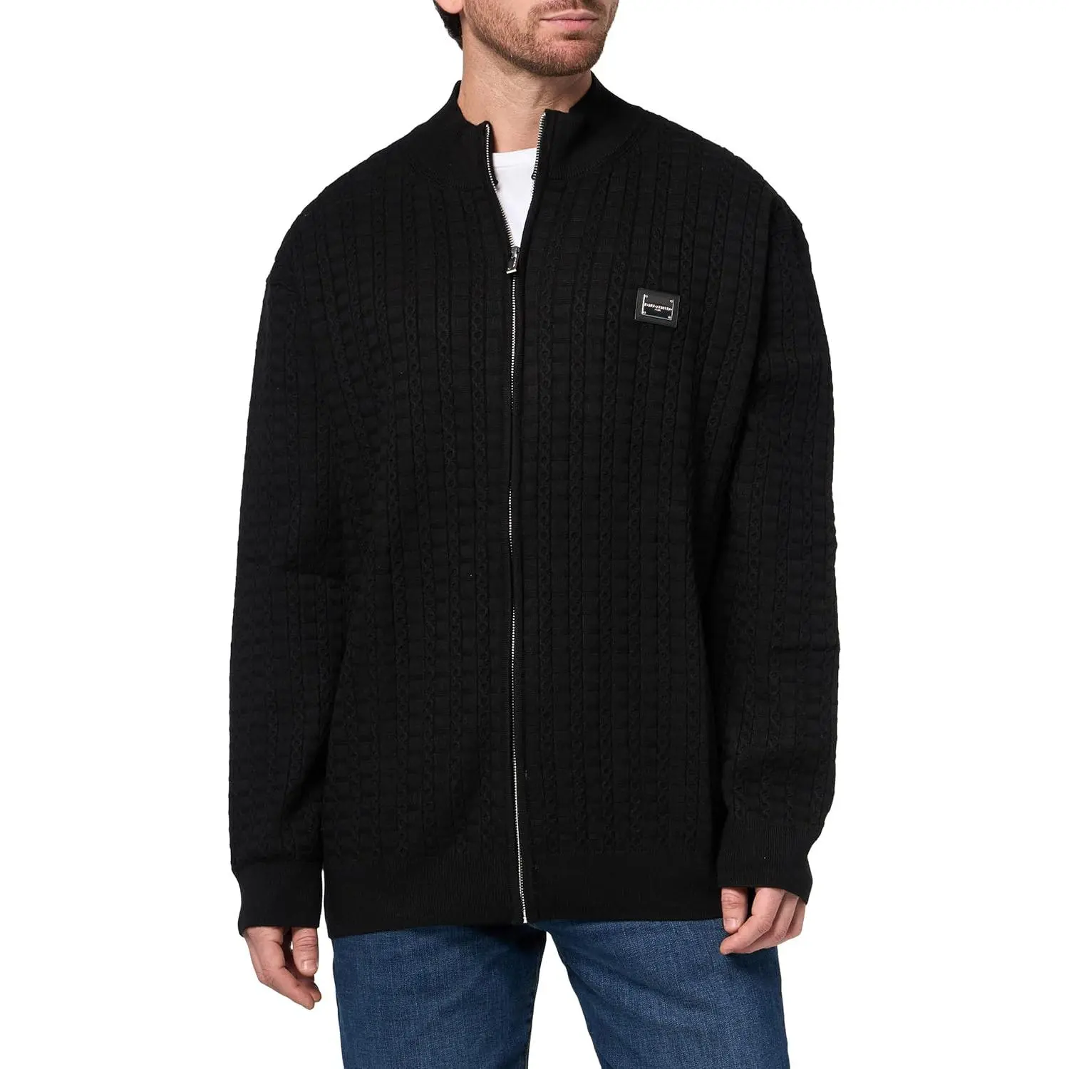 KARL LAGERFELD Men's Funnel Collar 1/4-Zip Casual Longsleeve Top with Chest Logo, Menswear Long-Sleeve Shirt, Longsleeves