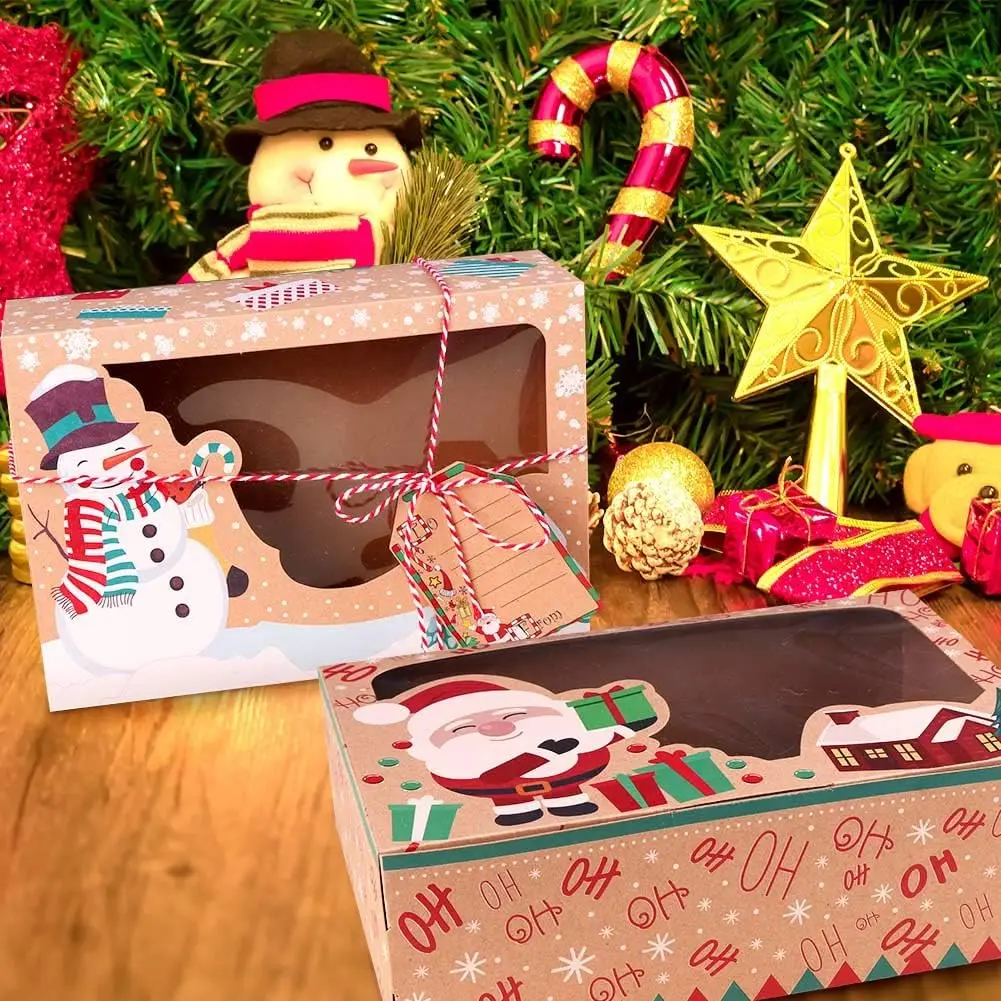 24pcs Christmas Cookie Boxes with Window, Baking Snack Boxes for Gift Giving, Cake, Candy, Party, Kraft Paper Gift Food Boxes