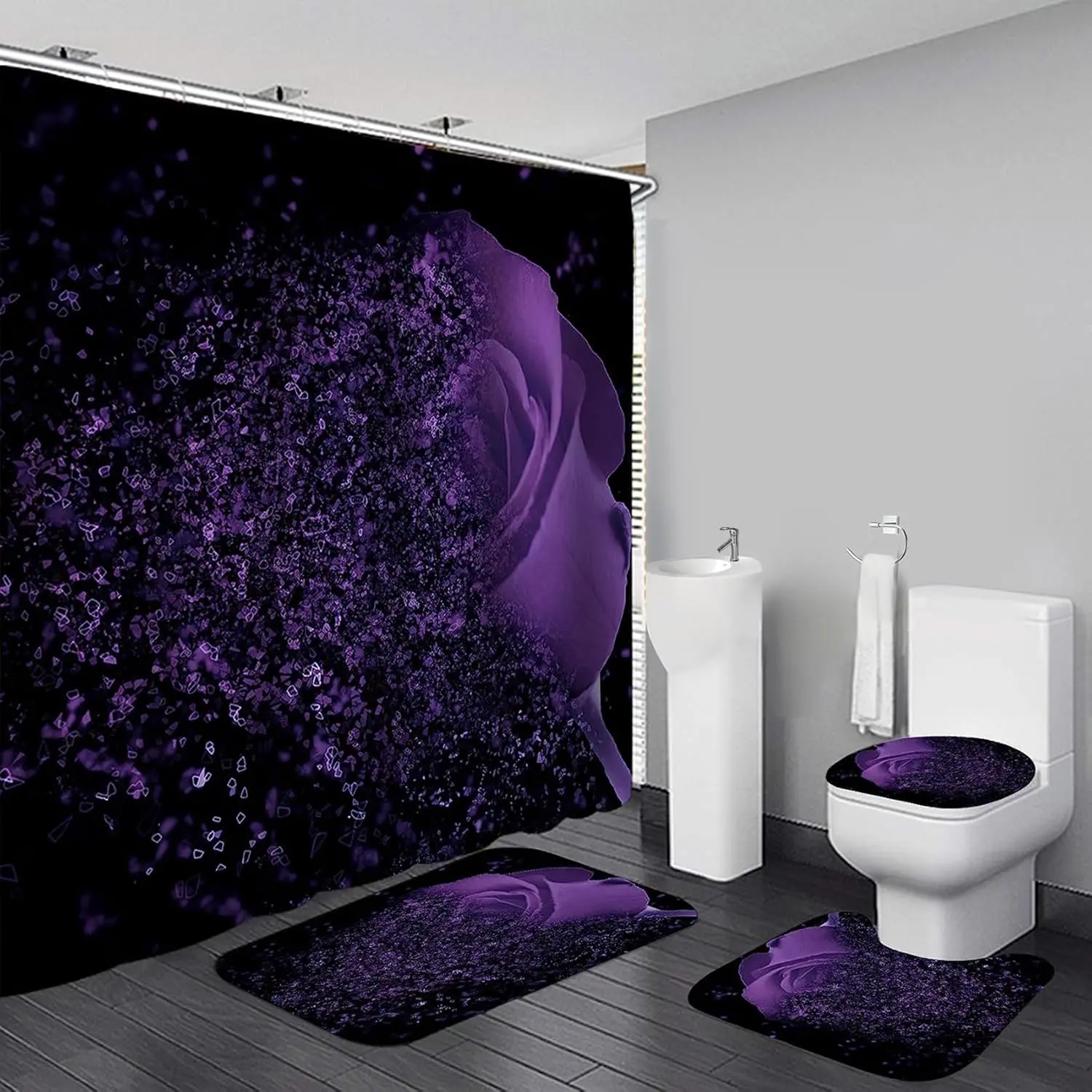 Bathroom Shower Curtain Set - 4-PC Purple Floral Rose Decoration 05 Modern Bath Set, Waterproof Polyester Fabric, HD Printing Technology, Non-Slip Rugs, Toilet Cover, U-Shaped Mat, 12 Plastic Hooks, Pin, 70.9x70.9 In