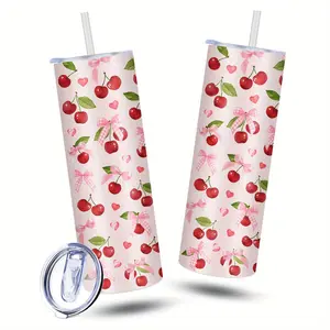 1pc 20oz Cherry & Bow Tie Insulated Water Cup with Straw Lid - Pink Series Theme, Double-Wall Vacuum Insulation, Dishwasher Safe, Perfect for Office, Home, Travel - Ideal Gift for Teachers, Friends, Family, Halloween