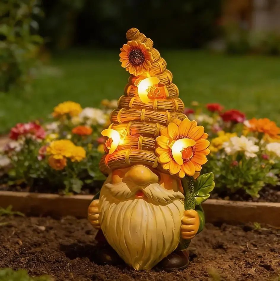 Solar Garden Gnome Statue Outdoor Decor, Resin Tomte Elf Figurine with Light Up LED Sunflowers & Bees, Waterproof Bumblebee Festival Lawn Art Ornaments, Cute Miniature Yard Sculptures, Housewarming Birthday Gifts for Garden Lovers