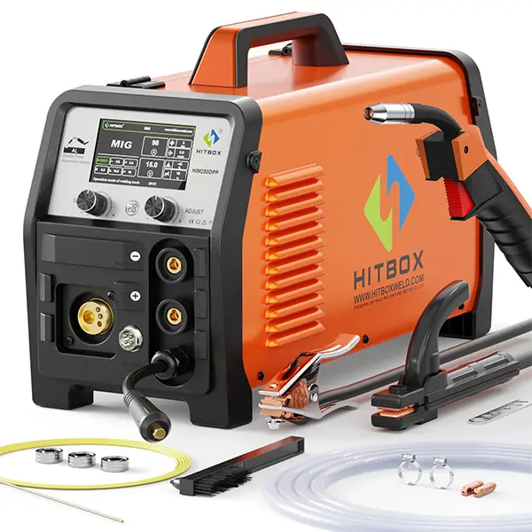 HITBOX HIM250DPP 8-in-1 Multipurpose Multiprocess Welder for Home DIY - 110V/220V, Synergic MIG Welding, Dual Pulse, Aluminum Capable, Built-in Pattern Database, Gasless Flux Weld, Stick, Lift TIG, LED Data Display, Safety Protection, Multiprocess Welding