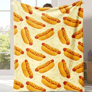 Cartoon Hot Dog Sausage Pattern Flannel Blanket, 1 Piece Soft Throw Blanket With Storage Bag For Sofa & Bed, Warm And Comfortable Blanket For Home & Travel