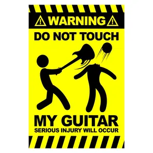 1pc Humorous Guitar Warning Sign - 12x18" Frameless Canvas Print, Bold Yellow & Black, Bar, Club, Cafe, Restaurant Wall Decor, Bar Wall Decor | Bold Warning Sign | Textured Background, Guitar Decor