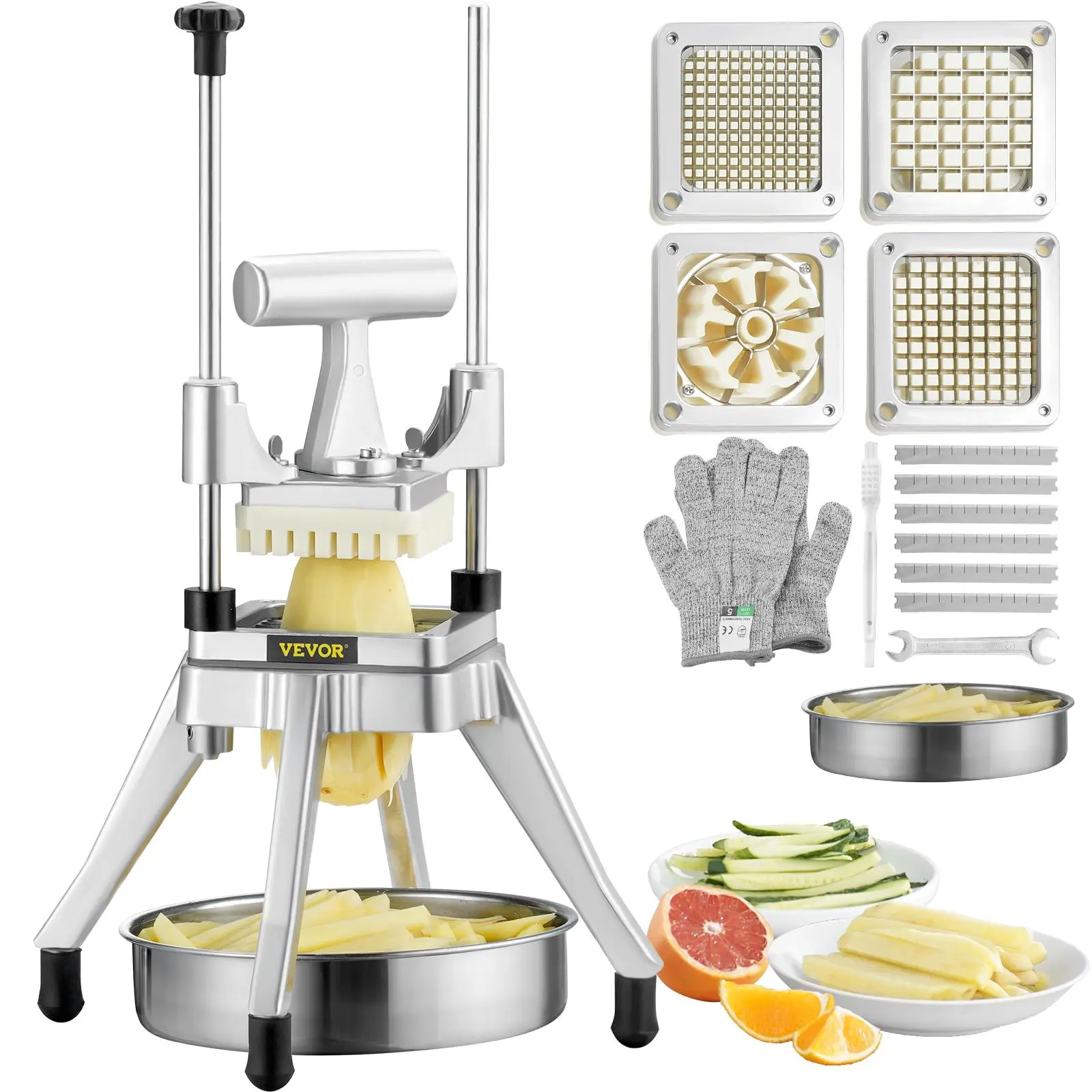 VEVOR Commercial Stainless Steel Kitchen Vegetable Slicer Chopper - Aluminium-Reinforced Cutter, Ergonomic Handle, 4 Removable Washable Blades (1/4" 3/8" 1/2"), 6-Wedge Slicer, Tray Included, for Potatoes, Onions, Restaurants, Kitchen Utensil Gadget