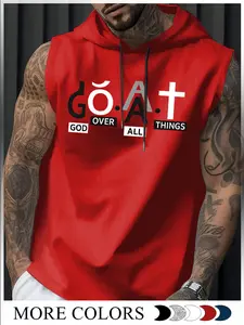 Men's Cross Print Hooded Tank Top, Regular Fit Casual Sleeveless Top for Summer, Men's Top for Daily Wear, Sweatshirts, All Season Wear