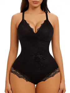 Women's Lace Shapewear Bodysuit Dual Layer V-Neck Spaghetti Strap Backless Design, Sheer Contrast Lace, Adjustable Strap, Casual All Seasons Wear