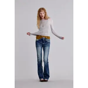 Women's Denim Bootcut Jeans - Medium Blue, Yucca Embroidery Bottom, Lady's Long Women's Clothes, Stylish Clothes with Leather Accents