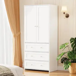 VOWNER Armoire Wardrobe Closet with Drawers and Mirror, 71" Clothing Storage Cabinet with Hanging Rod, 2 Doors Wooden Wardrobe Cabinet for Bedroom, Large Capacity Storage