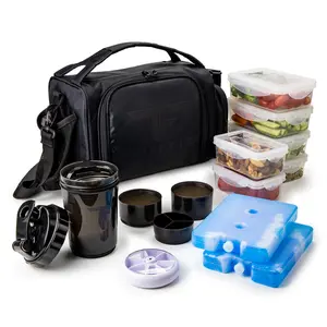 Black ThinkFit Insulated Meal Prep Lunch Box Set - Includes 6 Containers, Ice Packs, Shaker Cup and More!