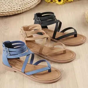 Women's Casual Strappy Flat Sandals with Back Zipper, Solid Color, Open Toe, Ankle Strap, All-Season, Non-Slip TPR Sole, Comfortable Man-Made Materials - Fashionable Roman Style Flats