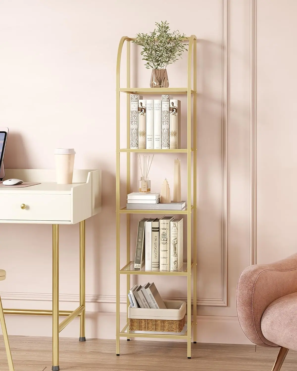 Tempered Glass Arched Bookshelf - Slim Shelving Unit for Bedroom, Bathroom, Home Office - More Storage, Versatile Design