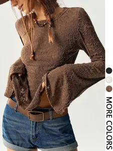 Women's Solid Color Knitted Lace Patchwork Flare Sleeve Tee, Casual Regular Fit T-Shirt for Women, Stylish and Comfortable, Long Sleeve