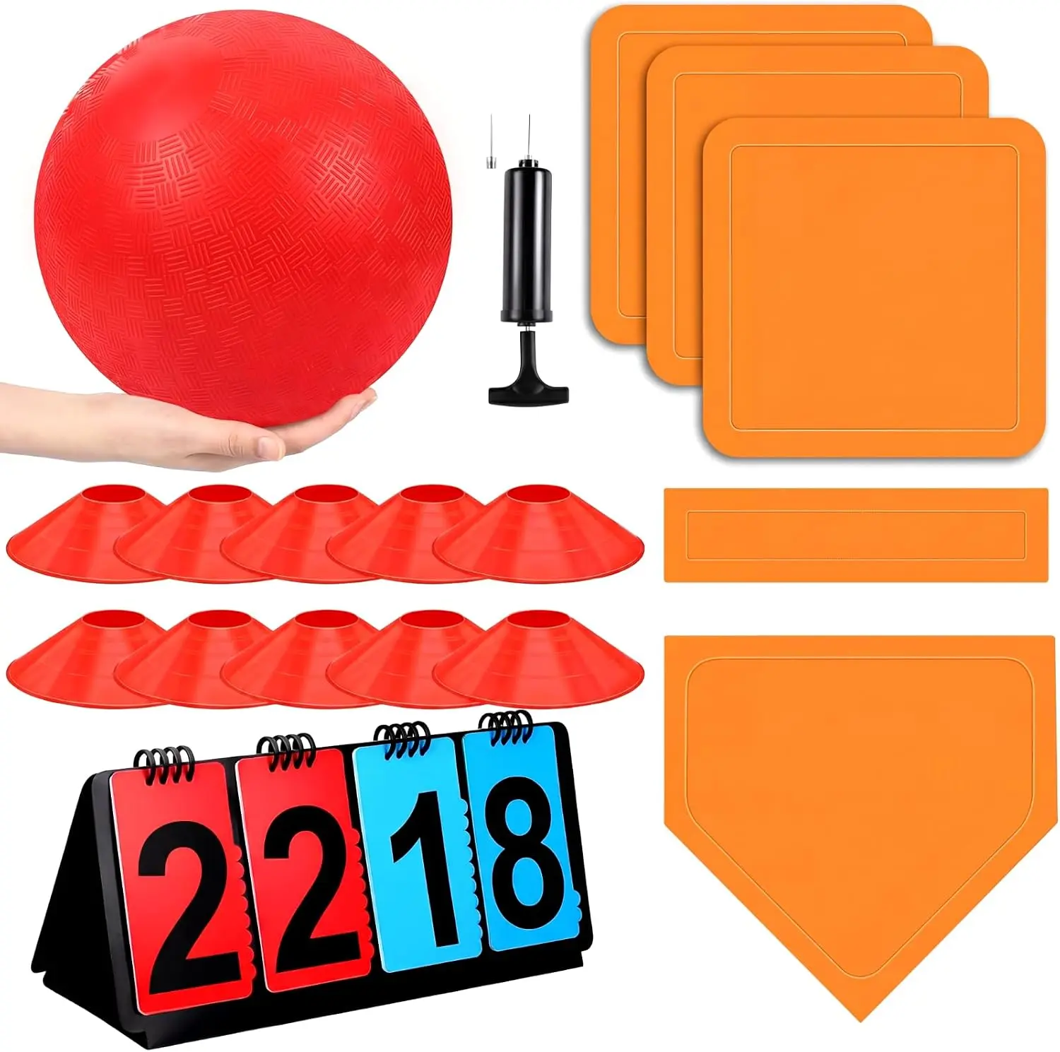 Sports Kickball Set for Adults, 18-Piece Unisex Outdoor Game with 10-Inch Rubber Ball, Bases, Cones, Pump, Net Bag & Scoreboard