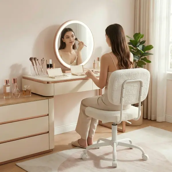Anygod Teddy Fabric Vanity Chair, Cute Comfy Sherpa Makeup Chair for Girls, 360° Swivel Armless Desk Chair with Backrest, Height Adjustable Task Chair for Small Space Bedroom, White