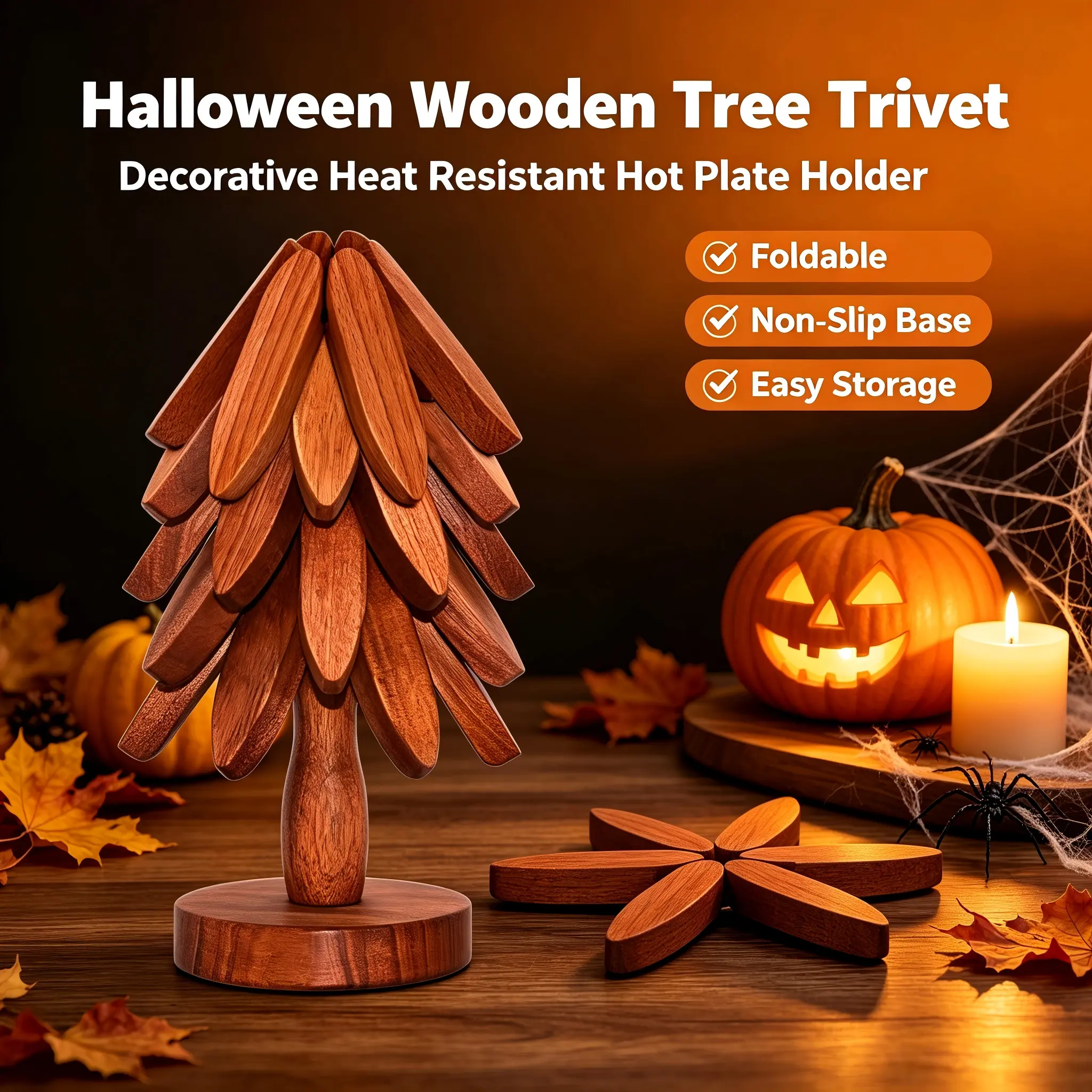 4 Pack Foldable Wooden Tree Shaped Trivet Set with Storage Stand, Heat Resistant Solid Wood Hot Dish Coasters, Unique Tree Decor Table Mats, Must Have Halloween Spooky Table Decor for Home Kitchen Party & Holiday Gift, Set Of Four, Table Protection