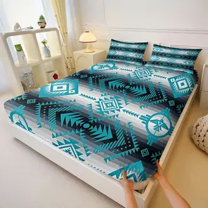 3PcsNative American Southwestern Style Geometric Thunderbird Printed Fitted Sheet Set, Blue Teal Turquoise Black Bedding Set with Diamond Arrows Stripes,Includes 2 Pillowcases, No Pillow Core
