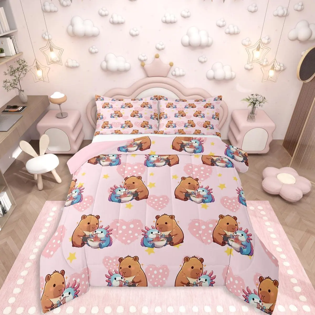 Cute Capybara Comforter Set,Axolotl Bedding Set for Kids Boys Women Men Girls Bedroom,Capybara Feeding Noodles to Salamanders Pink Comforter,Star Love Heart Polka Dot Quilt