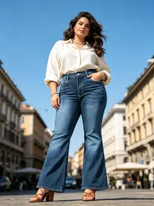 Letter Embroidered Flare Jeans for Women Dark Blue Gradient Distressed Wash Mid High Waist Contrast Stitching Heavy Letter & Fleur-de-lis Embroidery on Back Pockets Y2K Grunge Western Vintage Streetwear Slim Fit Bootcut Bell Bottom Pants Casual Trousers