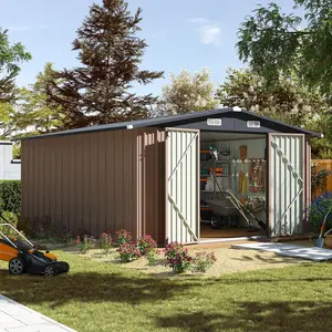 Aoxun Outdoor Storage Shed with Double Hinged Large Door & Lockable Door Metal Sheds for Garden Backyard Patio Black & Brown Water Resistant