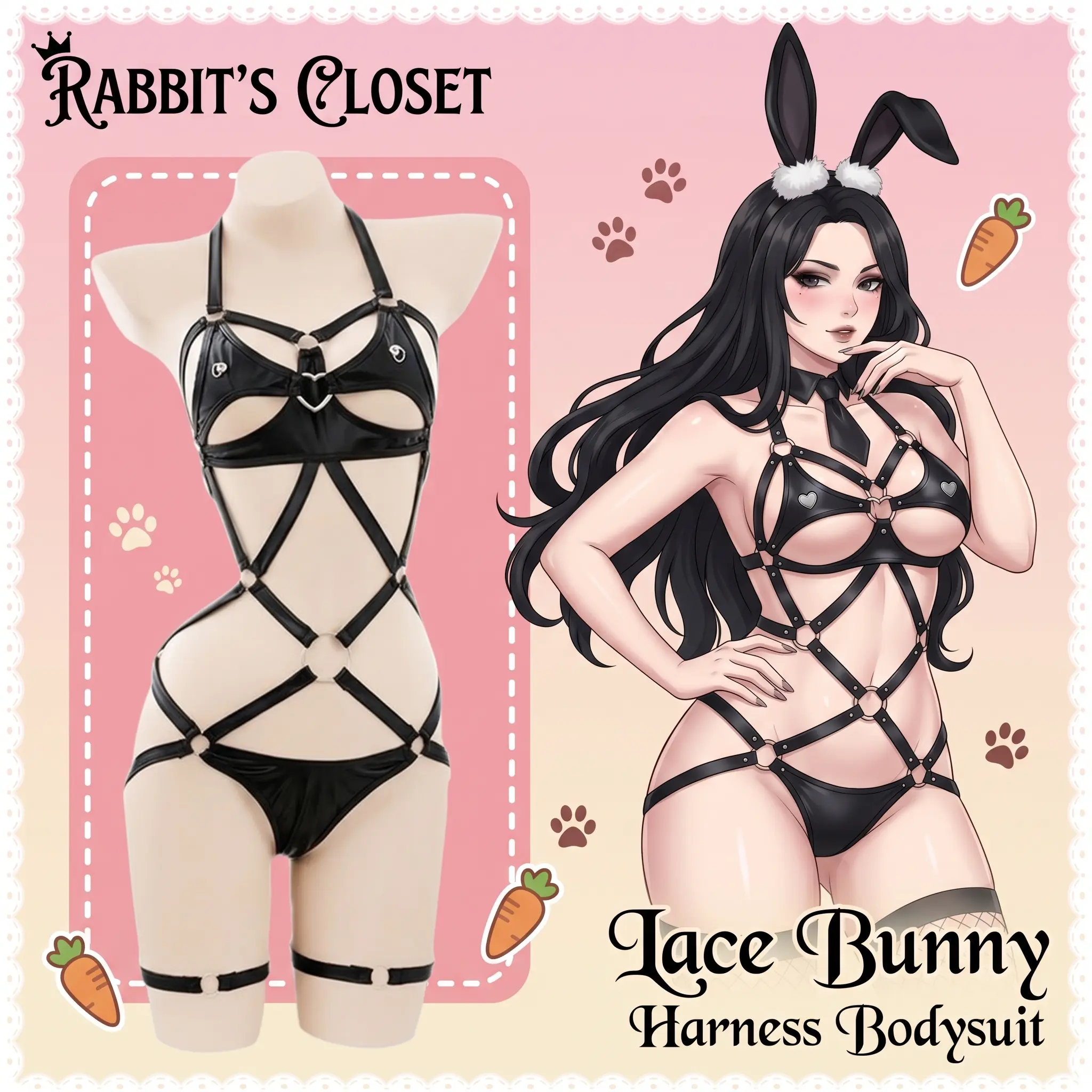 Moeveil Strappy Bunny One-Piece, Leather Set (Headband + One-Piece + Bracelets x2 + Leg Bands x2 + Pom-Pom Tail), Perfect for Sexy and Cute Party and Loungewear Role-Playing, Gift for Girlfriends or Cosplayers, Cute Clothes Set, Evening Wear
