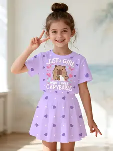 Girls' 3D Heart Print Capybara Pattern Set, Casual Slim-Fit T-Shirt and Skirt, Summer Daily Wear, Round Neck Short Sleeve