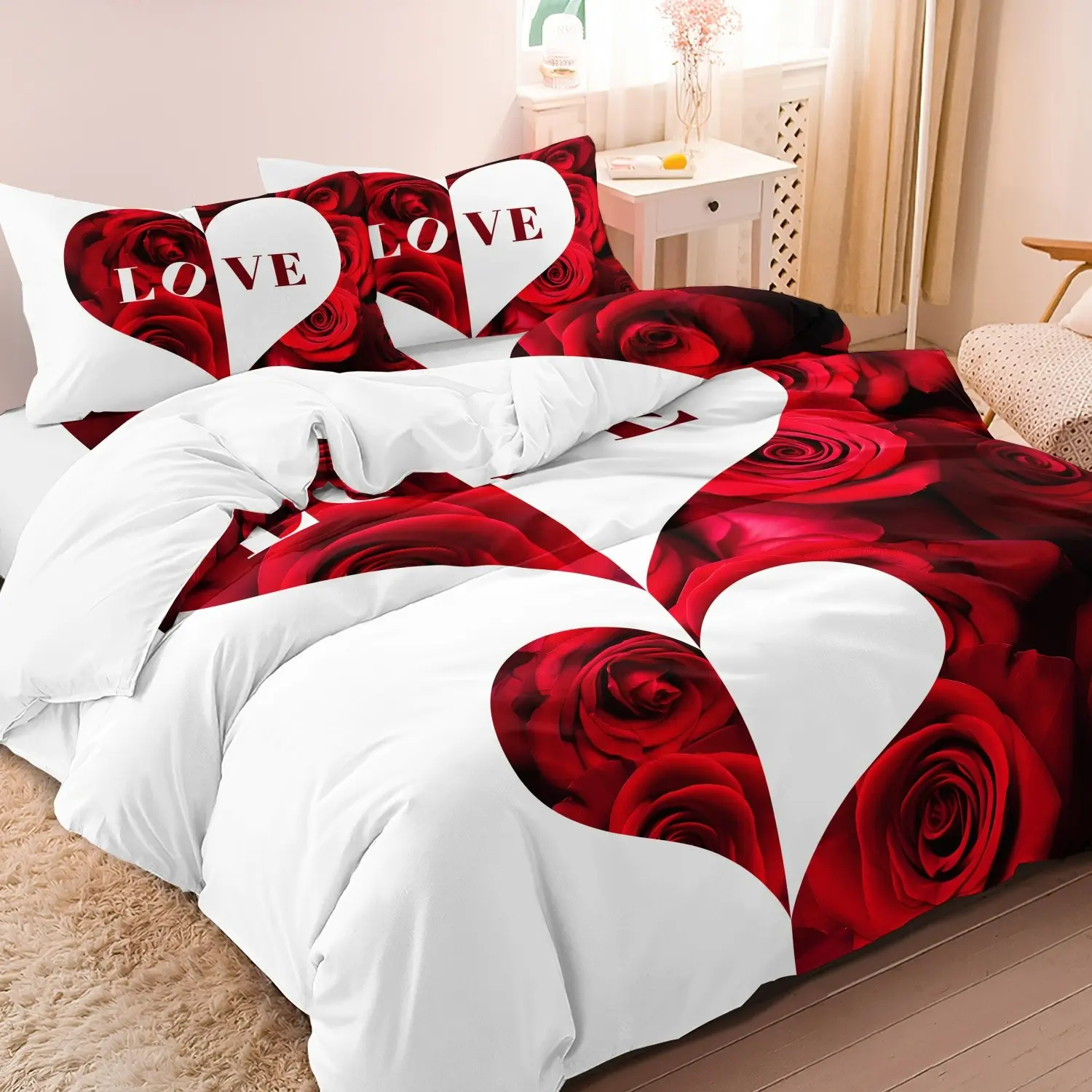 Rose Pattern Soft Decorative Theme Bedding Set, Including 1 Duvet Cover & 2 Pillowcases, Bedding Supplies for Home Bedroom and Hotel, Valentine's Day Gift