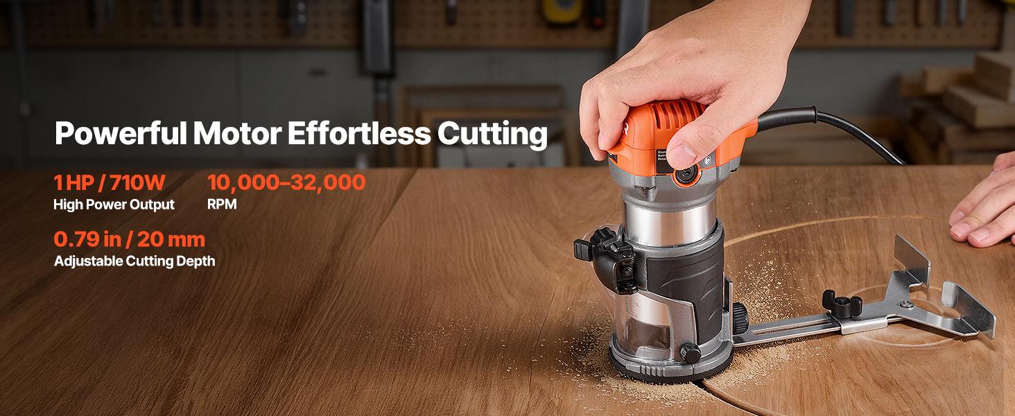 VEVOR Wood Router, 1 HP 710W, Variable Speed Palm Router Tool with Soft Start, Compact Wood Edge Trimmer with Fixed Base & 1/4-Inch Collet, Dust Hood, for Woodworking, Trimming, DIY Projects, Corded
