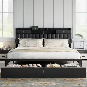 TryLazy Bed Frame with 4 Drawer and 2 USB & 1 Type-C Charging Ports, No Mattress, Upholstered Platform Bed Frame with Storage Headboard Bed Frame,No Box Spring Needed Required Easy Assembly,Full/Queen/King