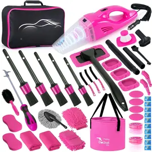 47 count  Detailing Kit Interior Cleaner,  Cleaning Supplies with High Power  Vacuum Cleaner,Auto Detailing Kit, Wash Kit with Bucket Detailing Brush Set, Pink  Accessories for Women