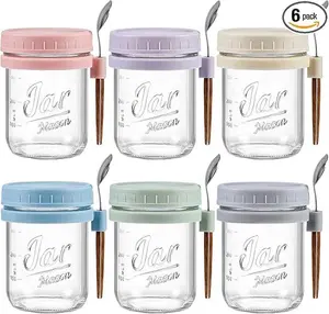 6 Pack Overnight Oats Containers with Lids and Spoons, 16 oz Glass Mason Overnight Oats Jars, Large Capacity Airtight Jars for Milk, Cereal, Fruit