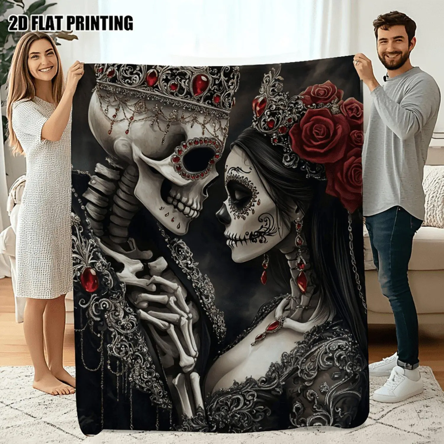 1pc Extra Large Gothic Mexican Sugar Skull Throw Blanket - Ultra-Soft Flannel Sofa Bedspread with La Calavera Catrina Design in Black, White, Red, Golden - All-Season Couch, Camping, Office Decor - Perfect Dia de los Muertos Gift