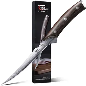 【TikTokShopSpringGlowUp】SYOKAMI Fillet Knife, Razor Sharp 7.2 Inch Boning Knife, High Carbon Stainless Steel Filet Knives with High Flexibility, Wooden Handle Home Kitchenware, Full Tang Damascus Pattern Fish Cutting Knives, Ideal for Mother's Day Gift