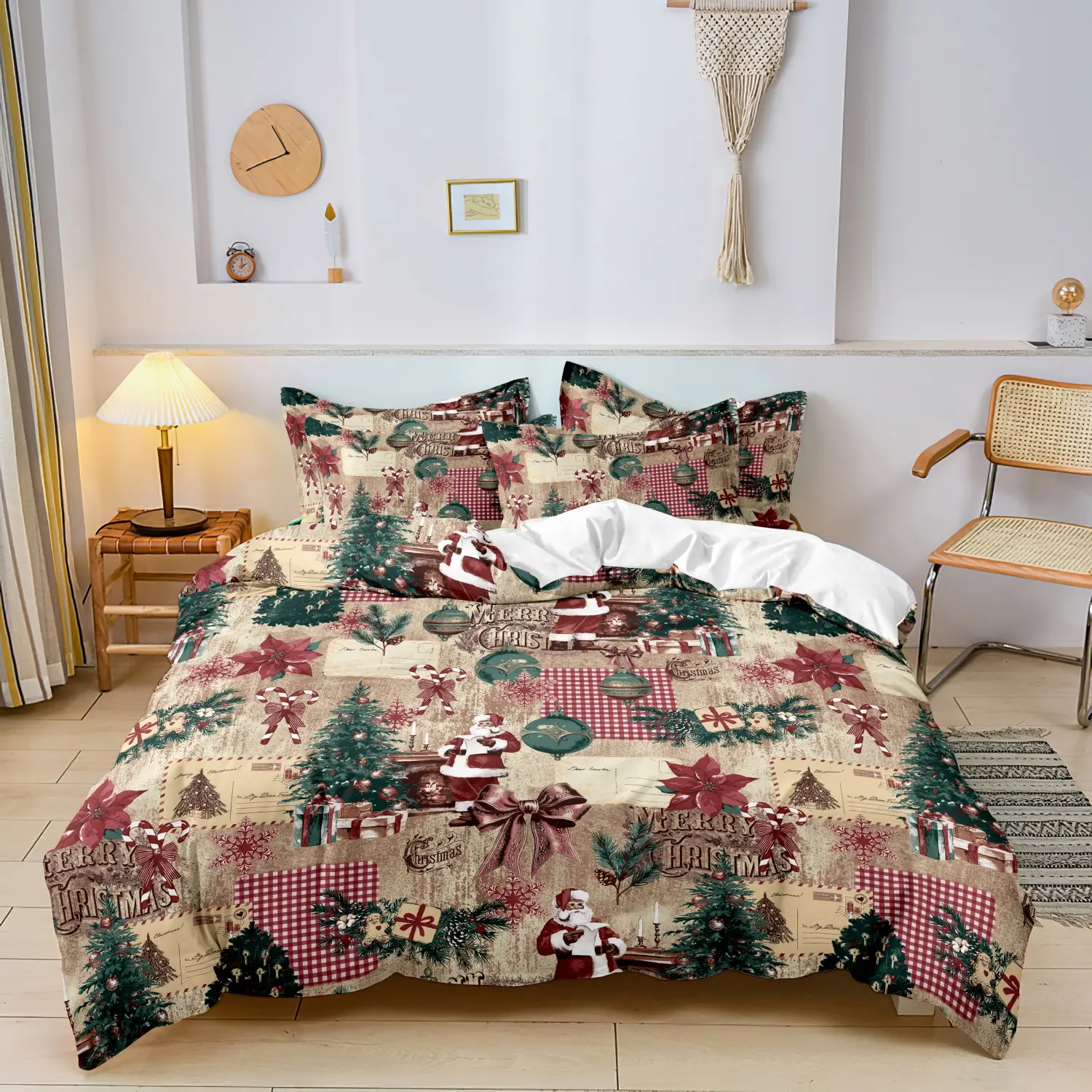 3Pcs Ultra Soft Rustic Merry Christmas Bedding Set, Xmas Tree Santa Claus Holiday Duvet Cover Set, Without Core, Lightweight Reversible Microfiber For All Seasons, Christmas Gift, Bedroom Bedding Set