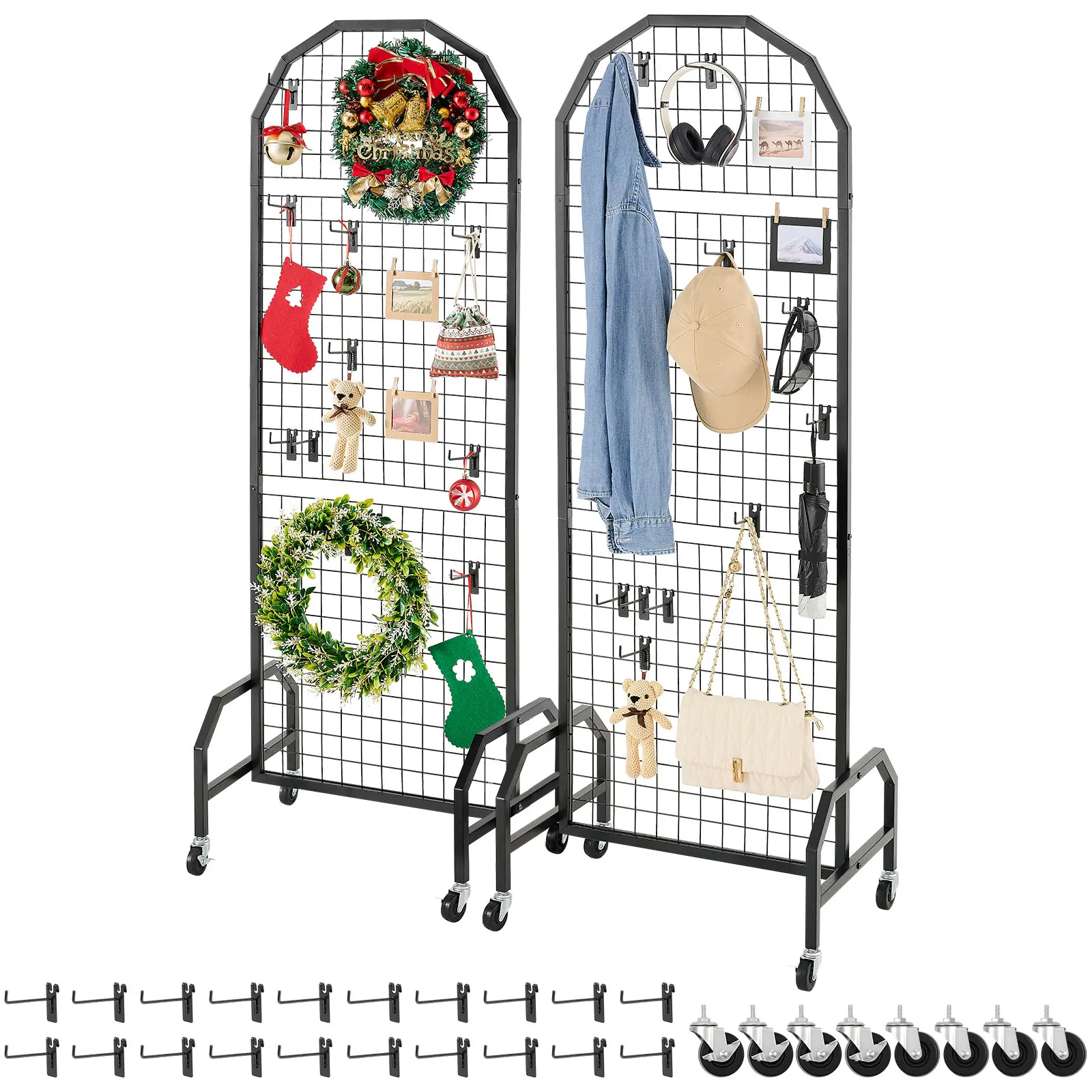 VEVOR 2-Pack Heavy-Gauge Black Carbon Steel Decorative Grid Wall Panels & Freestanding Garment Rack, 1.9x5.4 ft, Movable Wheels, 20 Hooks, Easy Installation, Home Organiser, Room Accessories, Display Storage