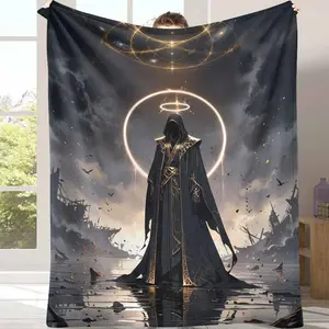Mystic Sorcerer Flannel Blanket Celestial Golden Halo Hooded Figure Print Soft Warm Cozy Throw for Bedroom Living Room Meditation Studio Gift Decor