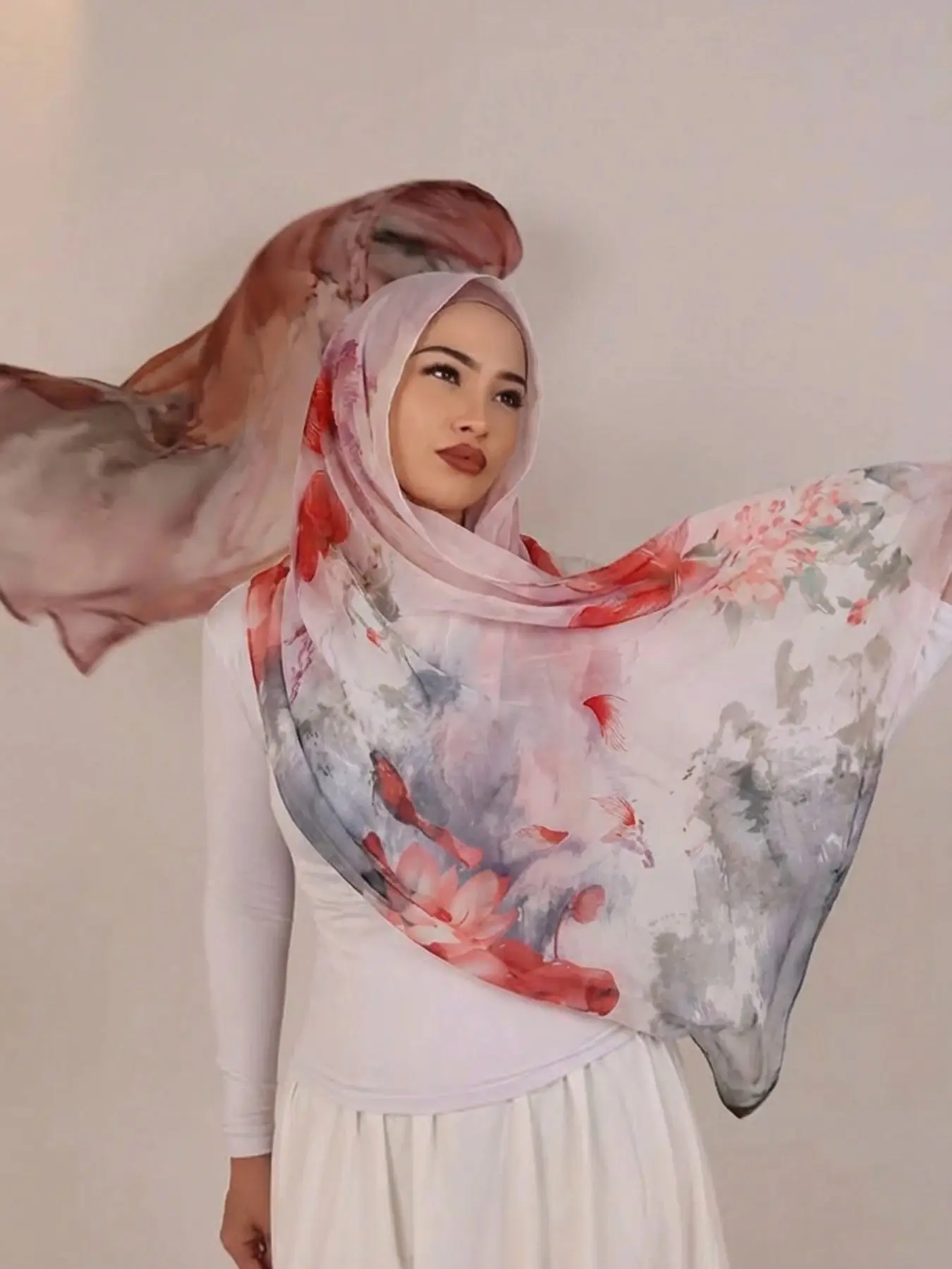 Fashion Ink Stain Print Chiffon Long Scarf Hijab, Breathable Beach Long Shawl, Muslim Fashion, Casual, Suitable for Travel, Play, Gatherings