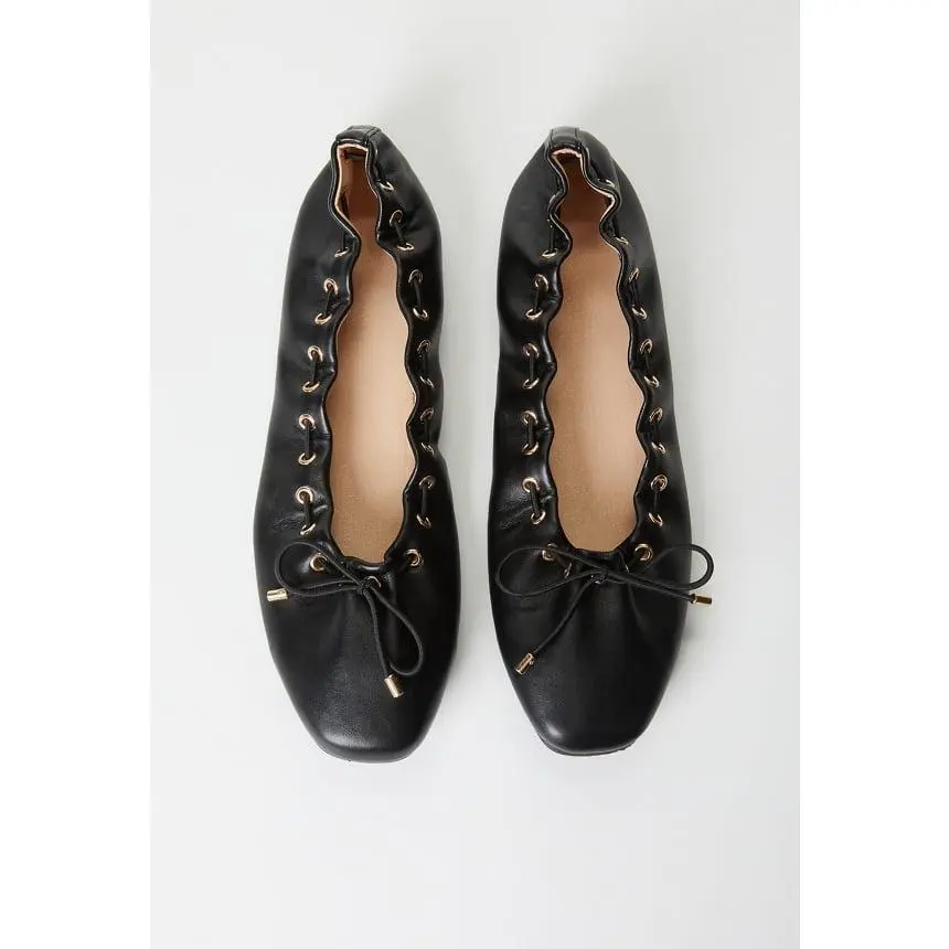 JUST FAB Women's Low-Profile Heeled Ballet Flats - Lace-Up Slip-On Shoes with Gold Eyelet Details, Classic Contemporary Ballerina-Inspired Everyday & Work Footwear