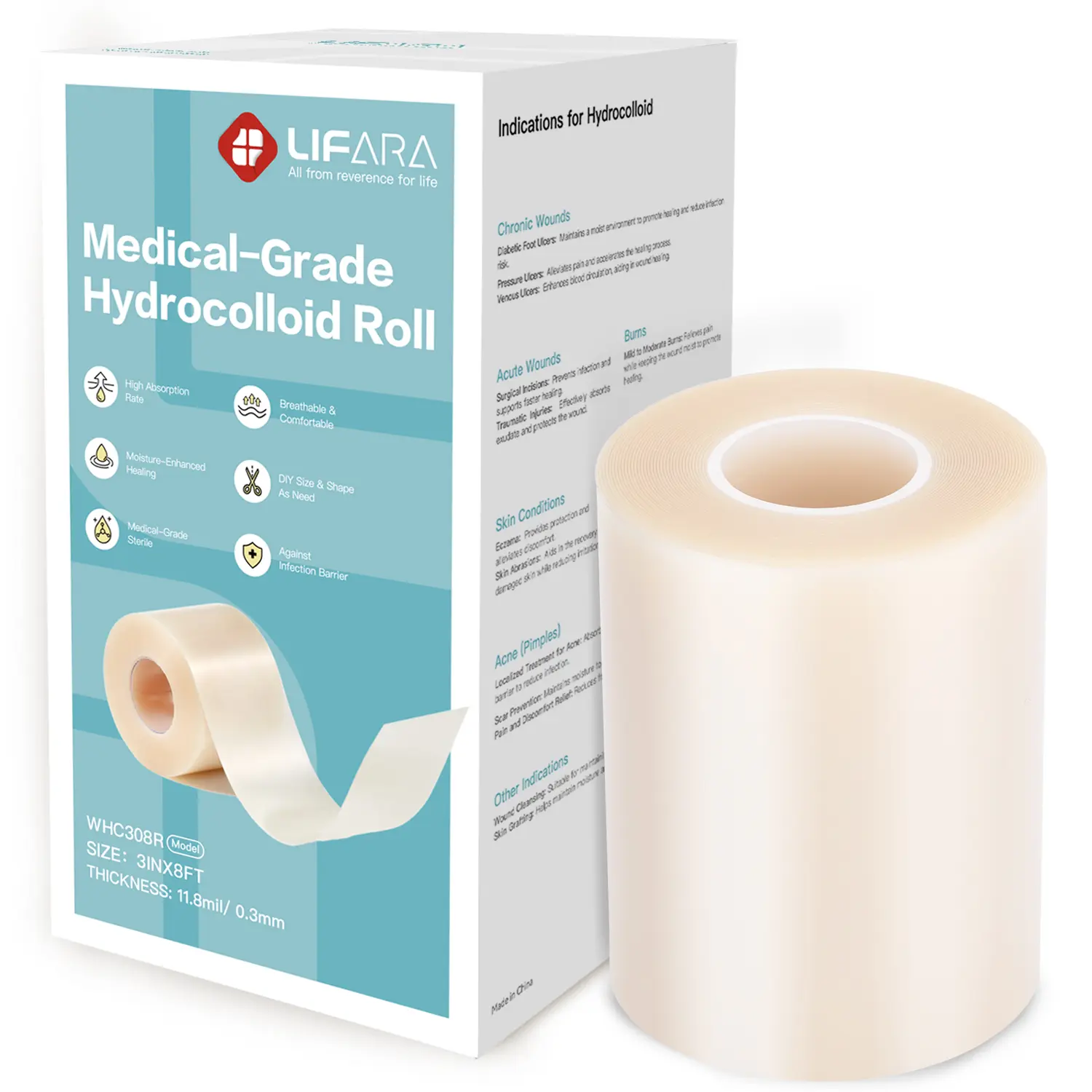 LIFARA Hydrocolloid Wound Care Roll - 3in*8ft Self-Adhesive Bandage Tape, 11.8mil Thick Flexible Waterproof Dressing, Single Roll Cut-to-Size, Adhesive Bandage Tape Plasters & Dressing Supplies, First Aid Medical Supply
